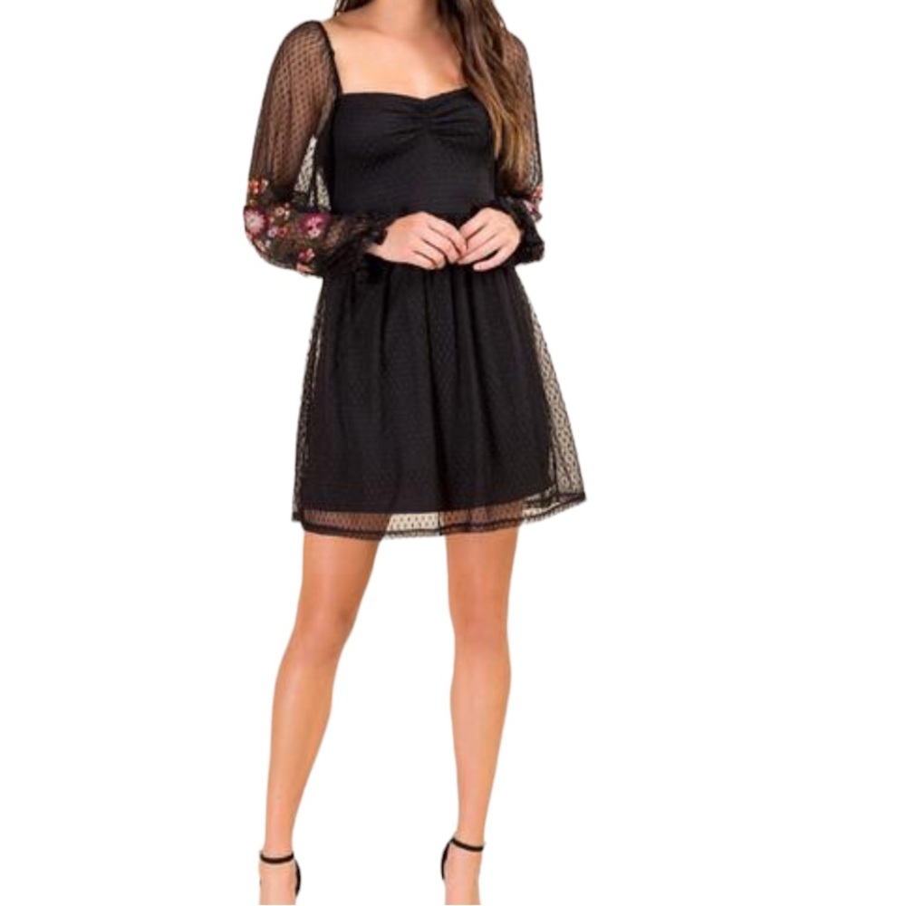 Mi Ami👗Black Long Sleeve Lace Embroidered A-Line Mesh Dress Size L